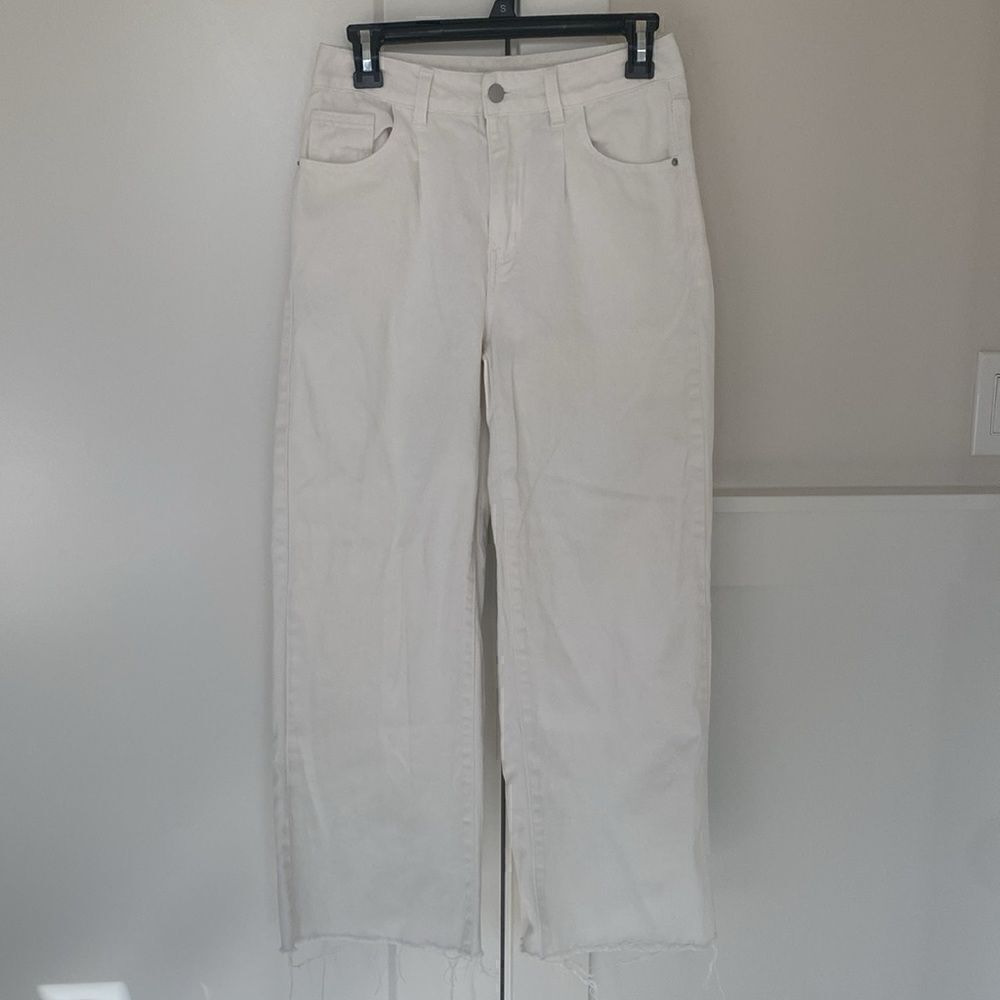 SHEIN White High Waisted Jeans Wide Leg Cotton Raw Hem Women’s Size Petite S EUC